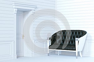 Classic leather sofa in wooden white interior. 3d render.