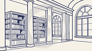 Classic library architecture line art, majestic academic interior, vector design Generative AI