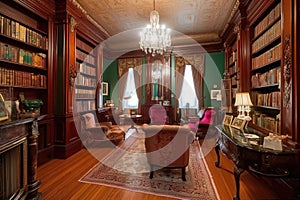 classic library, with bookshelves and reading nooks, in stately mansion