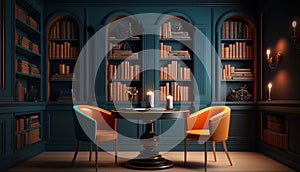 Classic library interior with bookshelf and chairs. 3d render