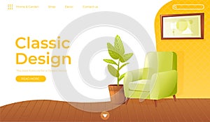 Classic living room home interior design banner. Landing Page Website conept. Comfortable armchair with a plant in a