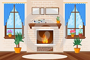 Classic living room interior with fireplace and bookshelves vector illustration