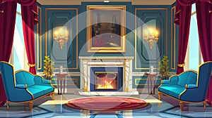 A classic living room interior with a sofa, armchairs, and marble fireplace. Modern cartoon illustration of an empty