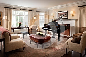 classic living room with plush armchairs, fireplace, and grand piano