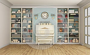 Classic livingroom with upright piano and bookcase