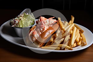 Classic Lobster Roll with Freshly Steamed Lobster Meat, Served with a Side of French Fries and Coleslaw