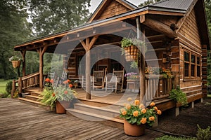 classic log cabin exterior with wrap-around porch, rocking chairs, and potted plants