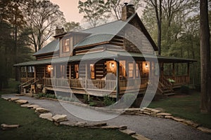 classic log cabin with wraparound porch, rocking chairs and lanterns