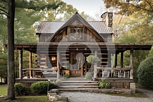 classic log cabin with wraparound porch, rocking chairs and lanterns