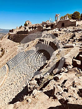 A classic look the blue skies and Ruins of Ancient Pergamon or Pergamum