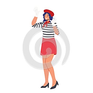 Classic Look French Mime Female Character Showing Pantomime Holding Hands on Invisible Wall Isolated on White Background