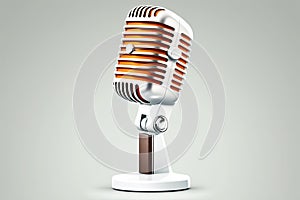 Classic looking retro silver and orange microphone 3d render on a white backdrop photo