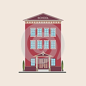 Classic low-rise school building front view. Colorful flat vector illustration.