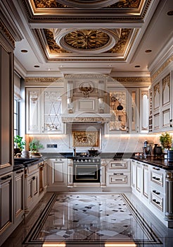 Classic luxury kitchen with custom cabinetry and crown molding details photo