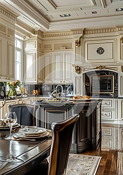 Classic luxury kitchen with custom cabinetry and crown molding details photo