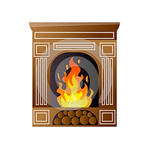 Classic luxury vintage fireplace with burning fire and wood place