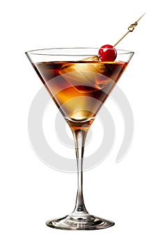 A classic Manhattan cocktail with a cherry garnish perched on the rim of the glass, isolated on a white background