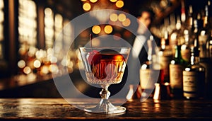 Classic Manhattan cocktail in a lowball glass, cherry garnish, focus on the rich amber color, bar blurred in the