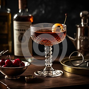 Classic Manhattan cocktail made with rye whiskey, vermouth, dash of bitters, garnished with cherry. AI generated