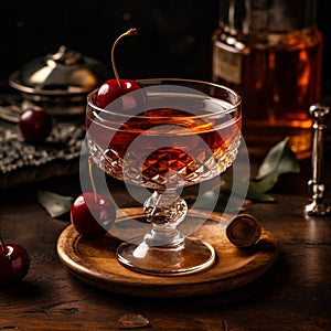Classic Manhattan cocktail made with rye whiskey, vermouth, dash of bitters, garnished with cherry. AI generated