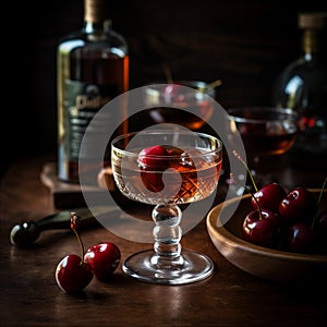 Classic Manhattan cocktail made with rye whiskey, vermouth, dash of bitters, garnished with cherry. AI generated photo