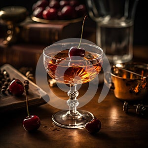 Classic Manhattan cocktail made with rye whiskey, vermouth, dash of bitters, garnished with cherry. AI generated photo