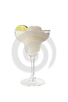 Classic margarita cocktail with lime slice and salty rim. Isolated on white background with clipping path