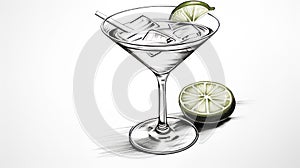 Classic margarita cocktail with salty rim. Isolated on white background, pencil drawing