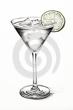 Classic margarita cocktail with salty rim. Isolated on white background, pencil drawing
