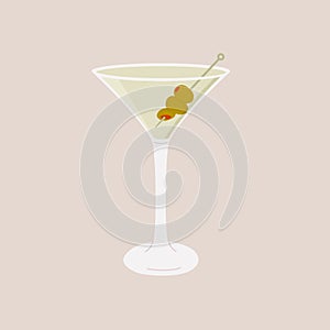 Classic Martini Cocktail in glass garnished with green olives on skewer. Summer aperitif retro elegant card. Alcoholic