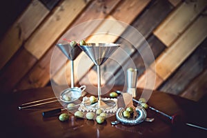 Classic martini with olives, cold in restaurant or pub. Alcoholic cocktails in local bar.