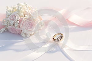 Classic matrimony Golden rings with white and pink ribbon background photo