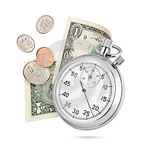 Classic mechanical analog stopwatch and money isolated