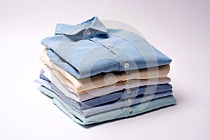 Classic men`s shirts stacked on white background.