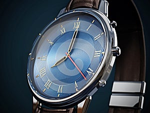 Classic men`s watch detail on dark background. 3D illustration