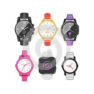 Classic men`s and women`s watches set of vector icons. Watch for businessman, smartwatch and fashion clocks collection.