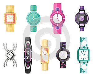 Classic men and women watches, set of vector icons. Watch for businessman, smartwatch and fashion clocks collection