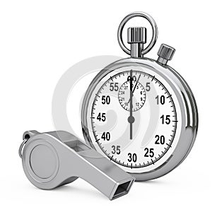 Classic Metal Coaches Whistle near Chrome Stopwatch. 3d Rendering