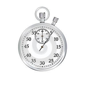 Classic metallic chrome mechanical analog stopwatch isolated on white background. Vector