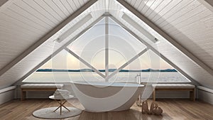 Classic mezzanine loft with big window and sea panorama, bathroom, summer sunset or sunrise, minimalist scandinavian interior