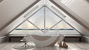 Classic mezzanine loft with big window and sea panorama, bathroom, summer sunset or sunrise, minimalist scandinavian interior