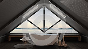 Classic mezzanine loft with big window and sea panorama, bathroom, summer sunset or sunrise, minimalist scandinavian interior