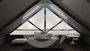 Classic mezzanine loft with big window and sea panorama, bedroom