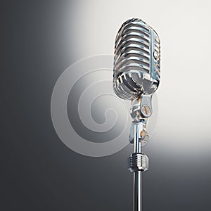 Classic microphone elegance Retro silver design on gray background, 3D