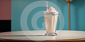 Classic milkshake with straw. 50's restaurant on vintage table. Blue background.