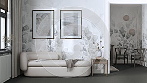Classic minimal living room in dark and beige tones with carpeted floor, wallpaper and fabric sofa. Elegant vintage interior