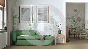 Classic minimal living room in green and beige tones with carpeted floor, wallpaper and fabric sofa. Elegant vintage interior