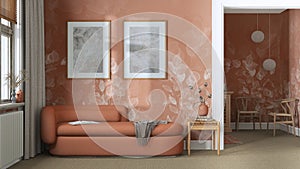 Classic minimal living room in orange and beige tones with carpeted floor, wallpaper and fabric sofa. Elegant vintage interior