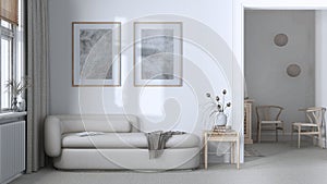 Classic minimal living room in white and beige tones with carpeted floor and fabric sofa. Elegant vintage interior design
