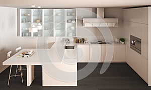 Classic minimal white kitchen with parquet floor, modern interior design